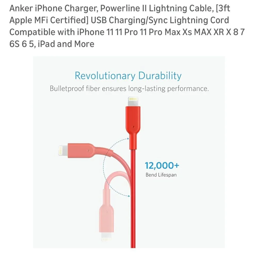Anker iPhone Charger, Powerline II Lightning Cable, 3 ft USB